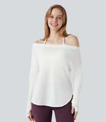 Off Shoulder Long Sleeve Thumb Hole Curved Hem Yoga Sports Top