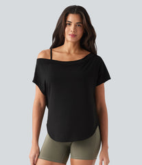 One Shoulder Short Sleeve Curved Hem High Low Built-in Bra Quick Dry Yoga Sports Top