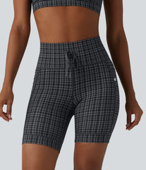 Halara UltraSculpt™ Check Plaid Print High Waisted Drawstring Yoga Biker Shorts 7'' with Pockets