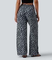 Mid Rise Drawstring Wide Leg Leopard Print Waffle Casual Pants with Pockets