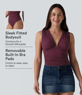 Ribbed V Neck Sleeveless Built-in Bra Ruched Casual Bodysuit