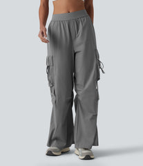 Mid Rise Ruched Tie Workout Cargo Bootcut Pants with Pockets