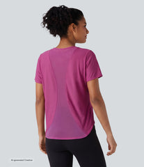 Round Neck Short Sleeve Contrast Mesh Yoga Sports Top