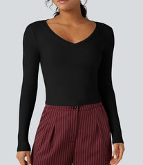 Ribbed Knit V Neck Long Sleeve Cropped Work T-Shirt