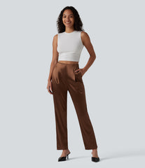 High Waisted Satin Work Tapered Pants with Pockets