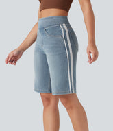 Halara Flex™ High Waisted Stripe Washed Denim Casual Baggy Bermuda Shorts with Pockets