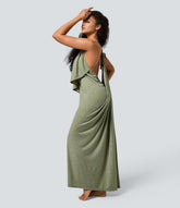 V Neck Tie Back Ruched Maxi Slip Dress