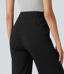 V Shaped High Waisted Stripe Quick Dry Flare Casual Pants with Pockets-UPF40+