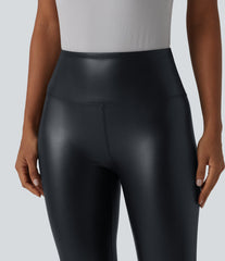 High Waisted Tummy Control Stretchy PU Casual Capri Leggings with Pockets