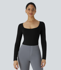 U Neck Long Sleeve Snap Skinny Work Bodysuit