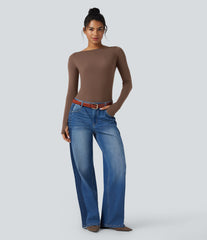 Boat Neck Long Sleeve Thumb Hole Casual Wool-Blend Top