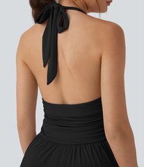 Ribbed Halter Tie Back Drawstring Resort Jumpsuit with Pockets