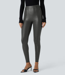 High Waisted Tummy Control Faux Leather Foil Print Stretchy Leggings