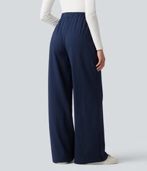 High Waisted Decorative Button Stripes Work Wide Leg Pants with Pockets