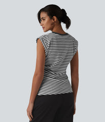 Ribbed Knit Round Neck Cap Sleeve Stripes Casual T-Shirt