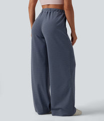 High Waisted Drawstring Stripes Casual Baggy Pants with Pockets