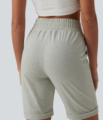 High Waisted Rolled Hem Casual Bermuda Sweat Shorts with Pockets