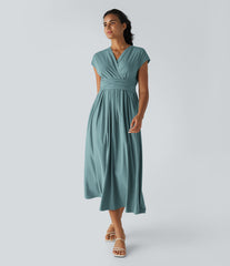 Breezeful™ V Neck Short Sleeve Pocket Tie Back Quick Dry Midi Casual Dress-Longer Length