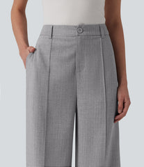 High Waisted Straight Leg Work Linen-Feel Pants with Pockets