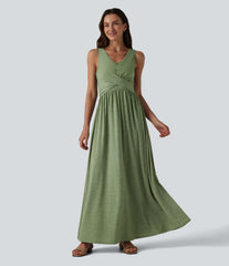 U-neck Sleeveless Crossover Maxi Casual Flowy Dress with Pockets