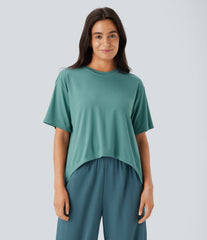 Round Neck Short Sleeve High Low Asymmetric Hem Casual Top