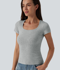 Halara Cotton Jersey Square Neck Short Sleeve Ultra-slim Heathered Casual T-Shirt