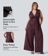 Plus Size Deep V Neck Built-in Bra Sleeveless Ruched Cool Touch Stripe Work Jumpsuit with Pockets-Easy Peezy Edition