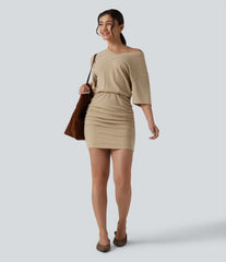 Ribbed Knit V Neck Short Sleeve Ruched Bodycon Mini Casual Dress