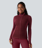 Stand Collar Long Sleeve Thumb Holes Shirred Workout Padded Jacket with Pockets