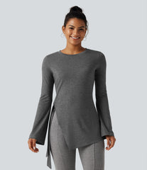 Round Neck Long Sleeve Tie Side Asymmetric Hem Casual Top