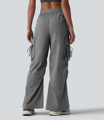 Mid Rise Ruched Tie Workout Cargo Bootcut Pants with Pockets