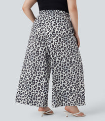 Plus Size High Waisted Drawstring Leopard Print Wide Leg Casual Pants with Pockets