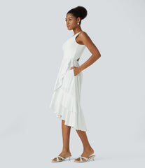 Breezeful™ V Neck Cut Out Pocket Ruffle Flowy Quick Dry Midi Dress