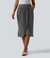High Waisted Tulip Hem Midi Casual Skirt with Pockets