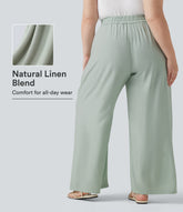 Plus Size High Waisted Drawstring Wide Leg Casual Linen-Blend Pants with Pockets