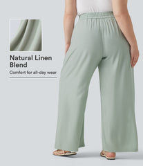 Plus Size High Waisted Drawstring Wide Leg Casual Linen-Blend Pants with Pockets