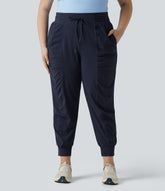 Plus Size High Waisted Drawstring Ruched Tapered Quick Dry InstantCool Dance Joggers with Pockets-UPF40+