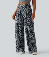 High Waisted Wide Leg Leopard Print Waffle Casual Pants with Pockets