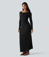 Ribbed Cowl Neck Contrast Lace Long Sleeve Maxi Casual Dress