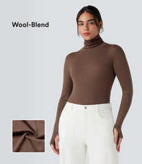 Mock-neck Long Sleeve Thumb Holes Slim Fit Casual Wool-Blend Tops