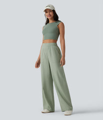 High Waisted Inner Drawstring Lyocell Linen-Blend Casual Wide Leg Pants with Pockets
