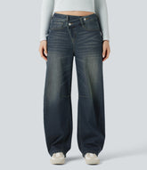 Halara Flex™ Asymmetric Mid Rise Barrel Leg Washed Casual Jeans with Pockets