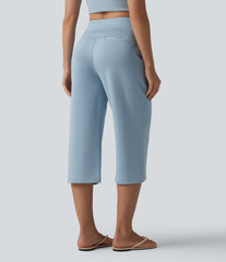 High Waisted Drawstring Straight Leg Capri Casual Pants with Pockets