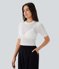 Round Neck Short Sleeve Cut Out Work Sweater