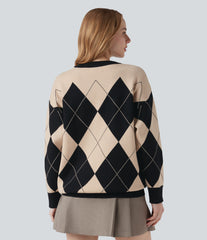 Round Neck Long Sleeve Diamond Check Work Sweater