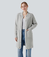 Collar Long Sleeve Button Fly Casual Longline Cardigan with Pockets