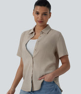 Short Sleeve Curved Hem Casual Linen-Blend Shirt