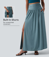 High Waisted Ruched Split 2-in-1 Maxi Stretchy Satin-Like InstantCool Party Flowy Skirt with Pockets