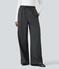 High Waisted Drawstring Wide Leg Stripe Casual Pants with Pockets