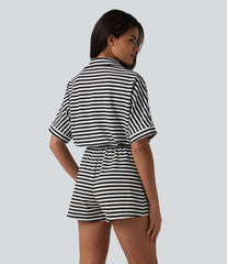 Half Sleeve Belted Stripe Waffle Casual Romper with Pockets-Easy Peezy Edition